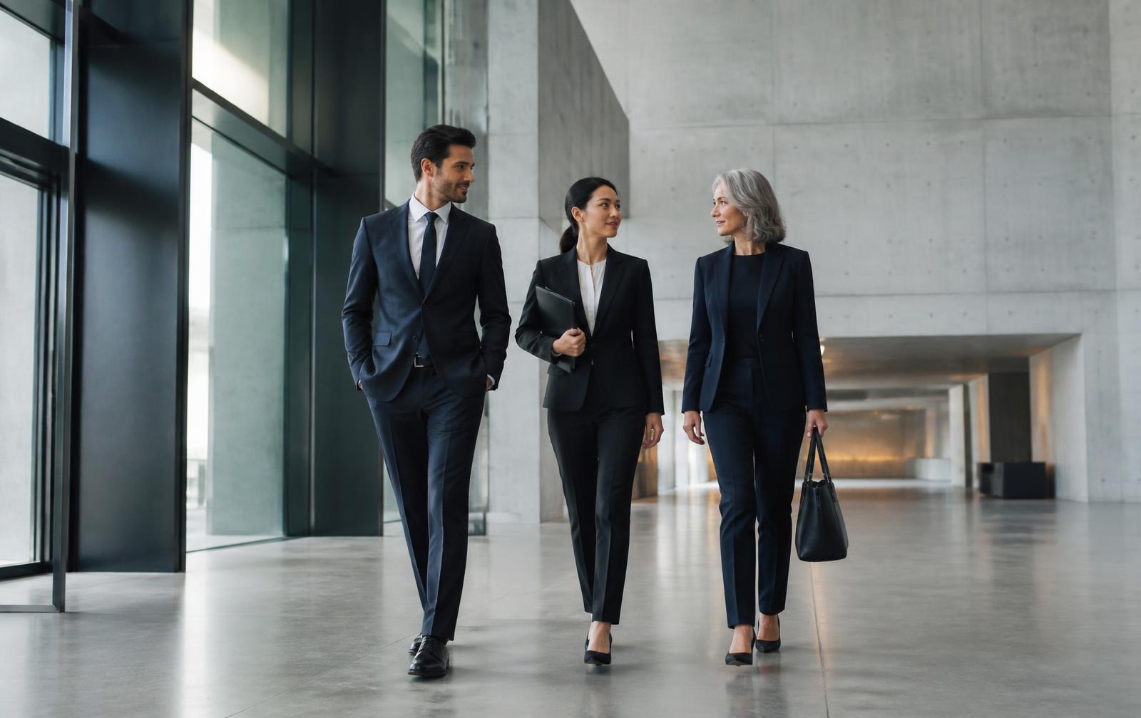 Three legal professionals walking together through a modern office lobby