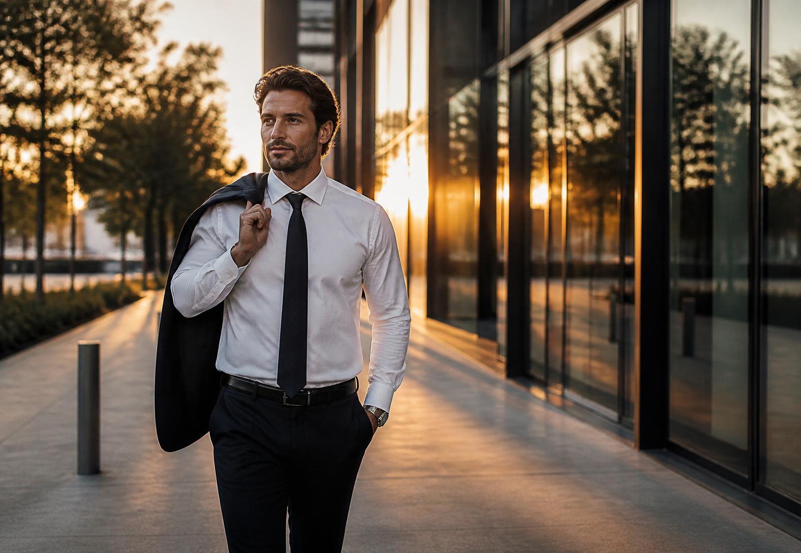 An attorney leaving the office at golden hour, jacket over one shoulder